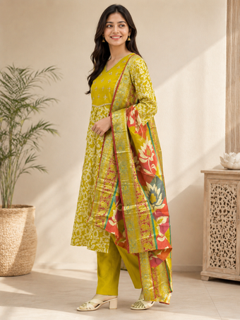 Olive Green Floral Printed Cotton Blend Kurta Set with Dupatta
