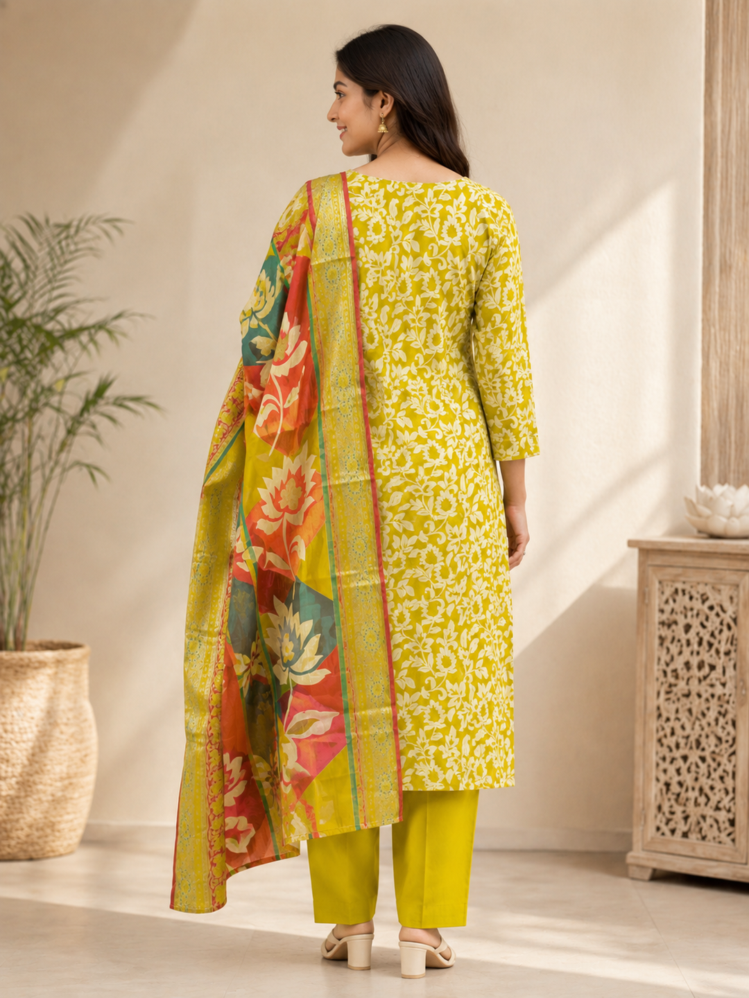 Olive Green Floral Printed Cotton Blend Kurta Set with Dupatta