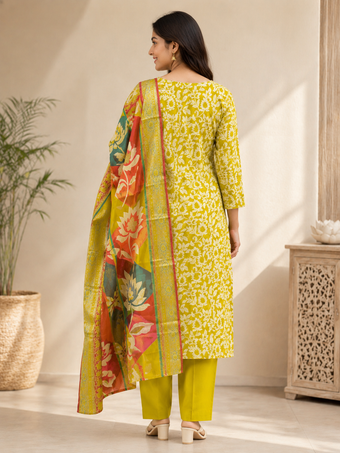 Olive Green Floral Printed Cotton Blend Kurta Set with Dupatta