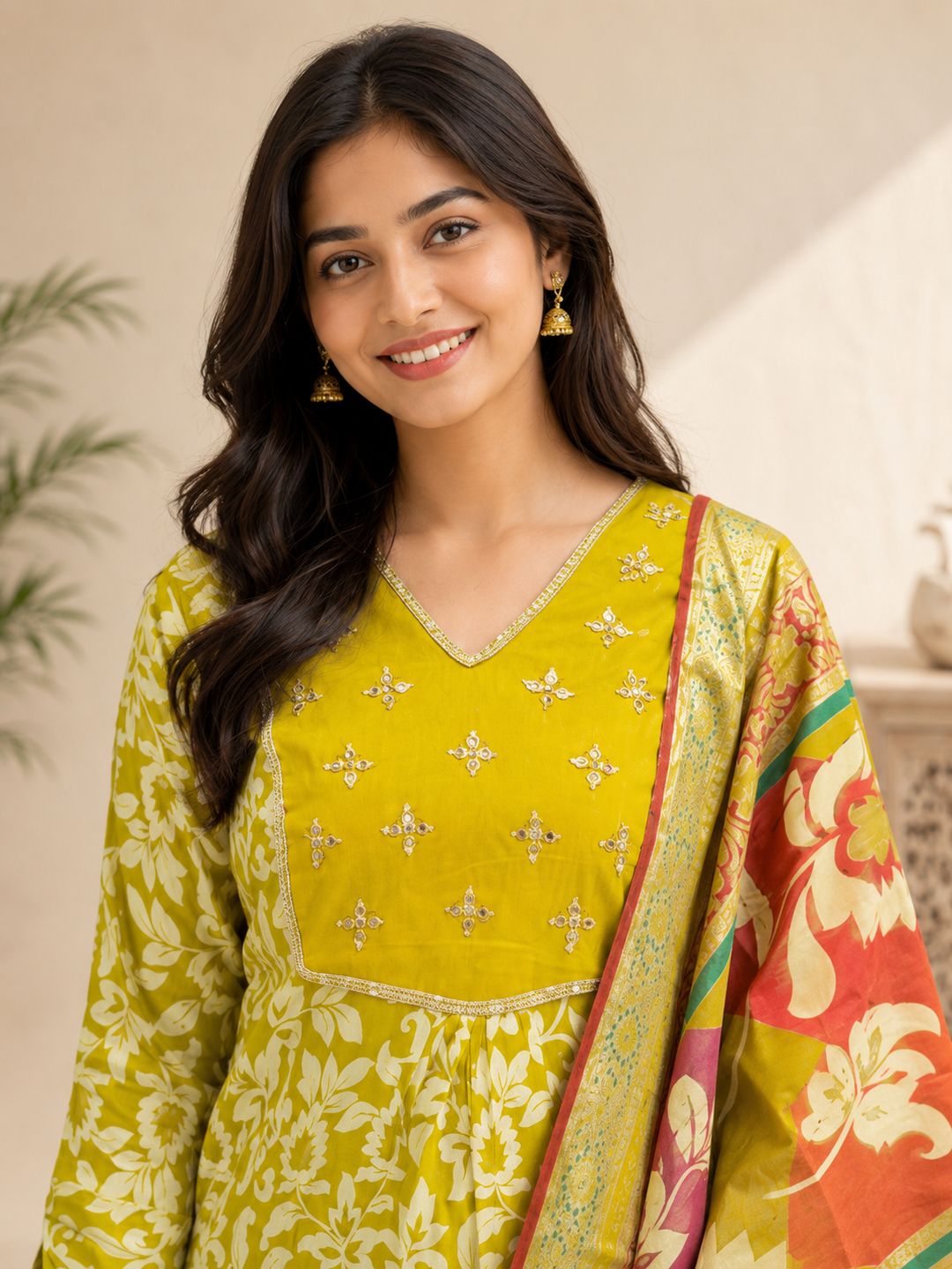 Olive Green Floral Printed Cotton Blend Kurta Set with Dupatta
