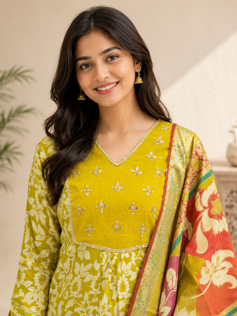 Olive Green Floral Printed Cotton Blend Kurta Set with Dupatta