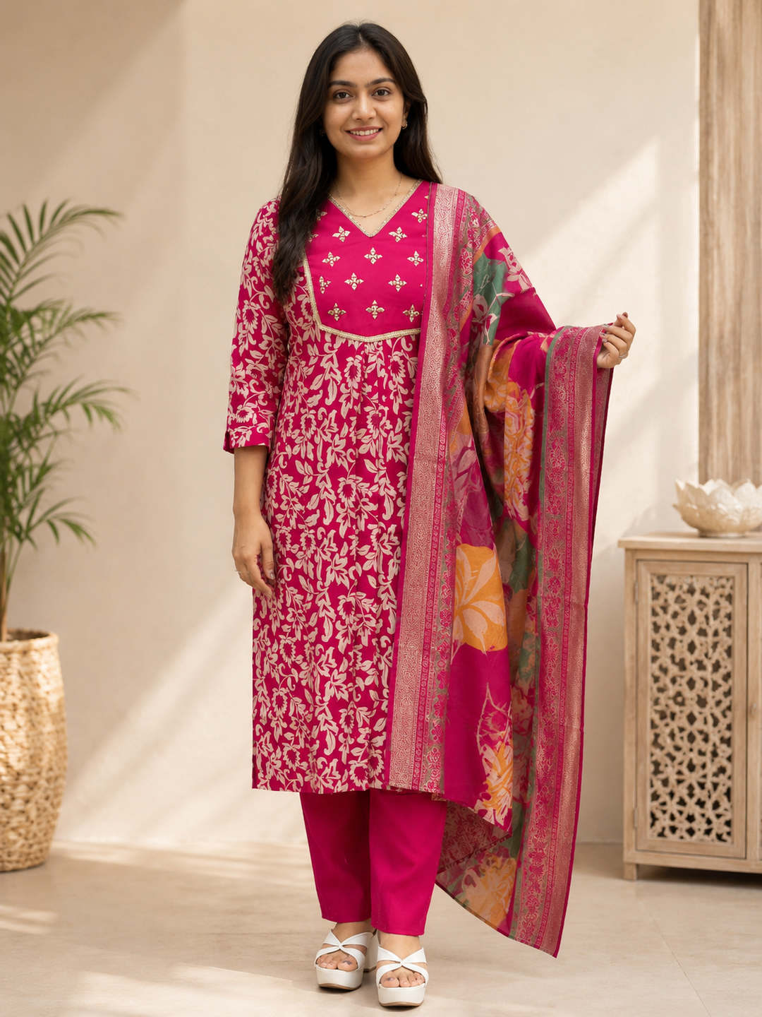Rani Pink Floral Printed Cotton Blend Kurta Set with Dupatta