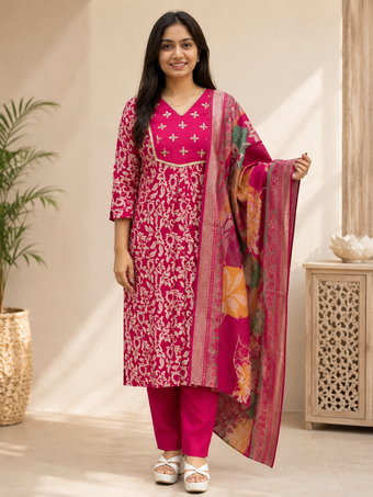 Rani Pink Floral Printed Cotton Blend Kurta Set with Dupatta