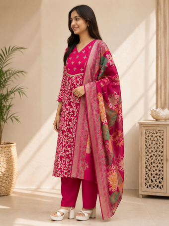 Rani Pink Floral Printed Cotton Blend Kurta Set with Dupatta