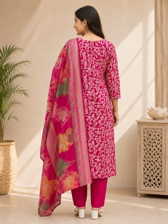 Rani Pink Floral Printed Cotton Blend Kurta Set with Dupatta