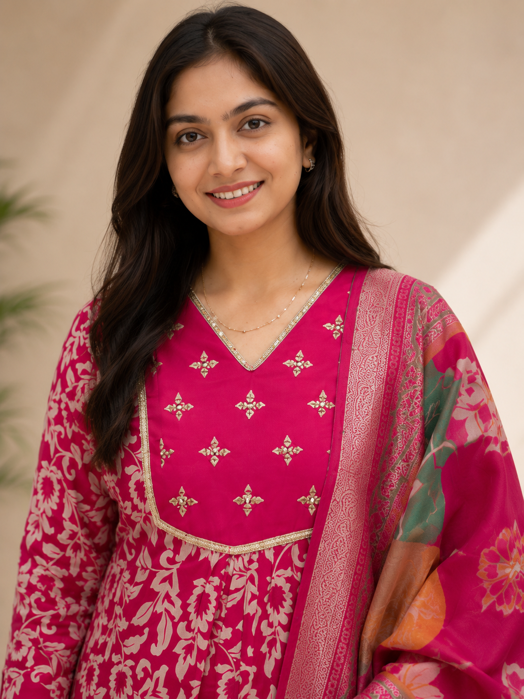 Rani Pink Floral Printed Cotton Blend Kurta Set with Dupatta