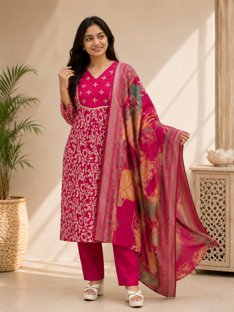 Rani Pink Floral Printed Cotton Blend Kurta Set with Dupatta