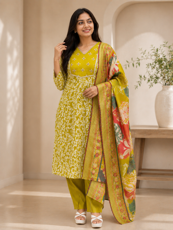 Olive Green Floral Printed Cotton Blend Kurta Set with Dupatta