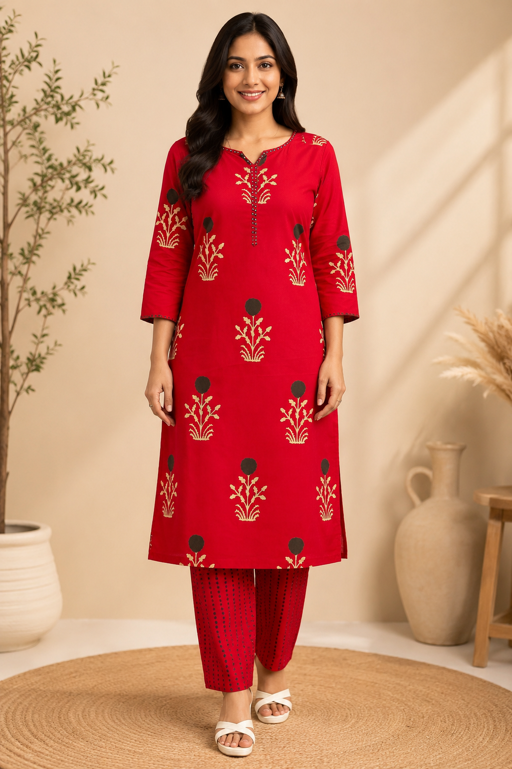 Red Floral Print Straight Kurta Set with Printed Dupatta