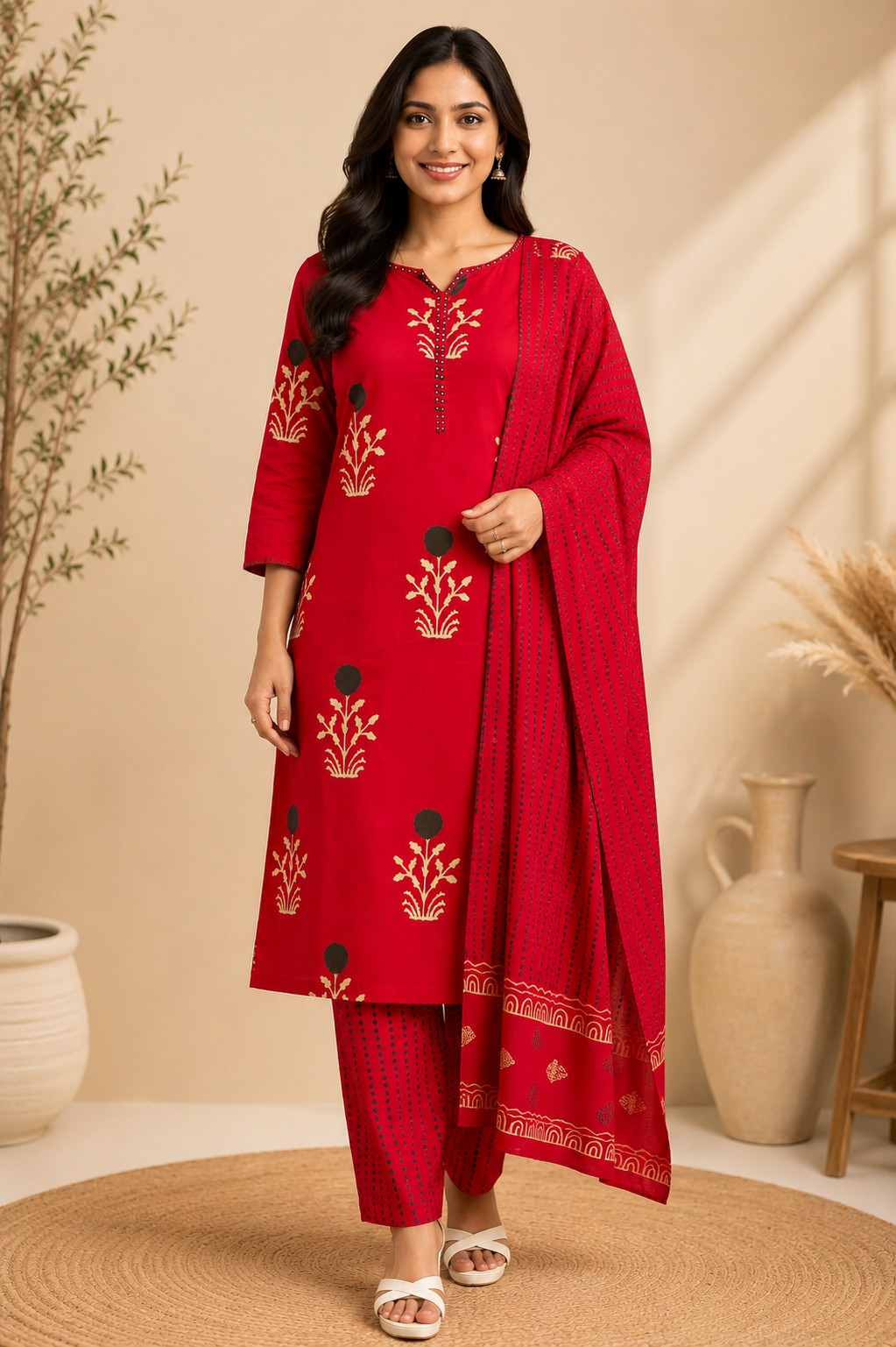 Red Floral Print Straight Kurta Set with Printed Dupatta
