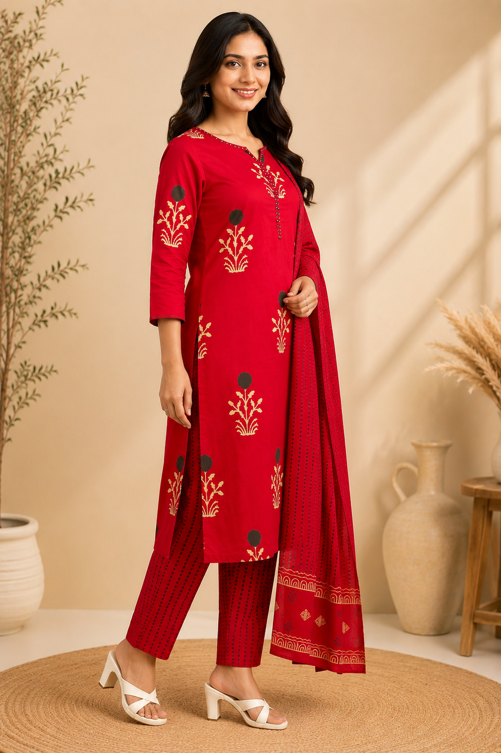 Red Floral Print Straight Kurta Set with Printed Dupatta