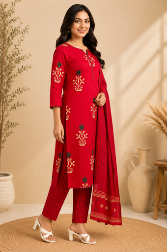 Red Floral Print Straight Kurta Set with Printed Dupatta