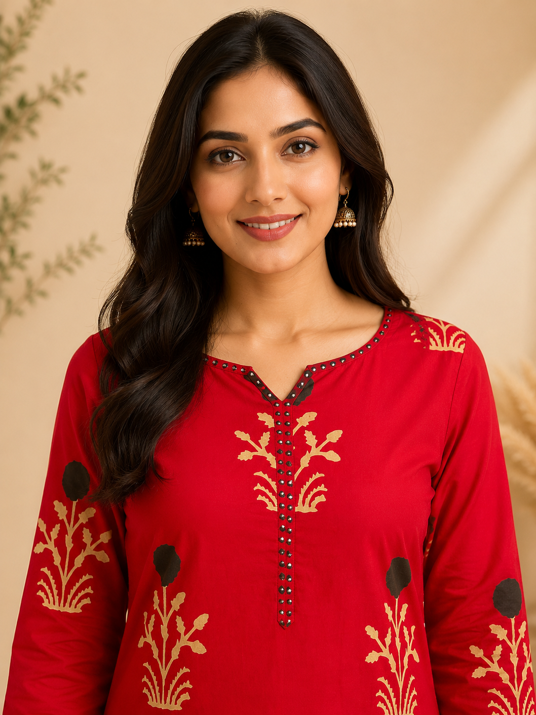 Red Floral Print Straight Kurta Set with Printed Dupatta