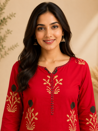 Red Floral Print Straight Kurta Set with Printed Dupatta