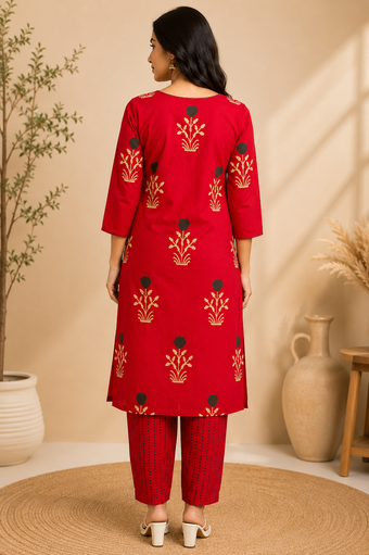 Red Floral Print Straight Kurta Set with Printed Dupatta