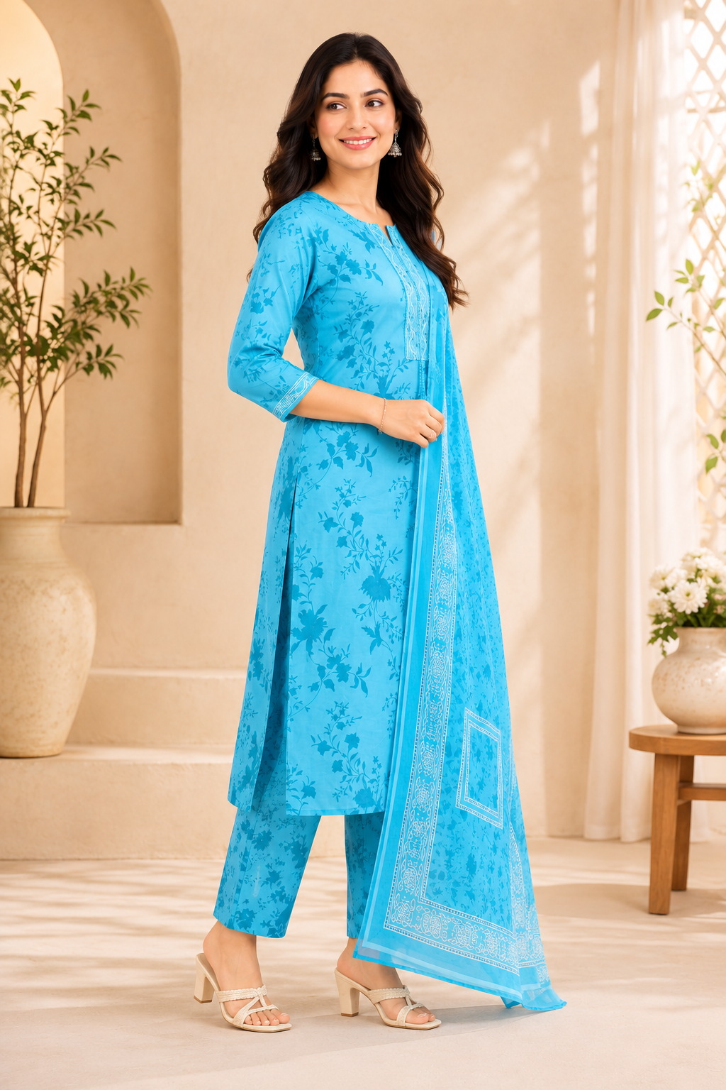 Sky Blue Floral Print Straight Kurta Set with Printed Dupatta
