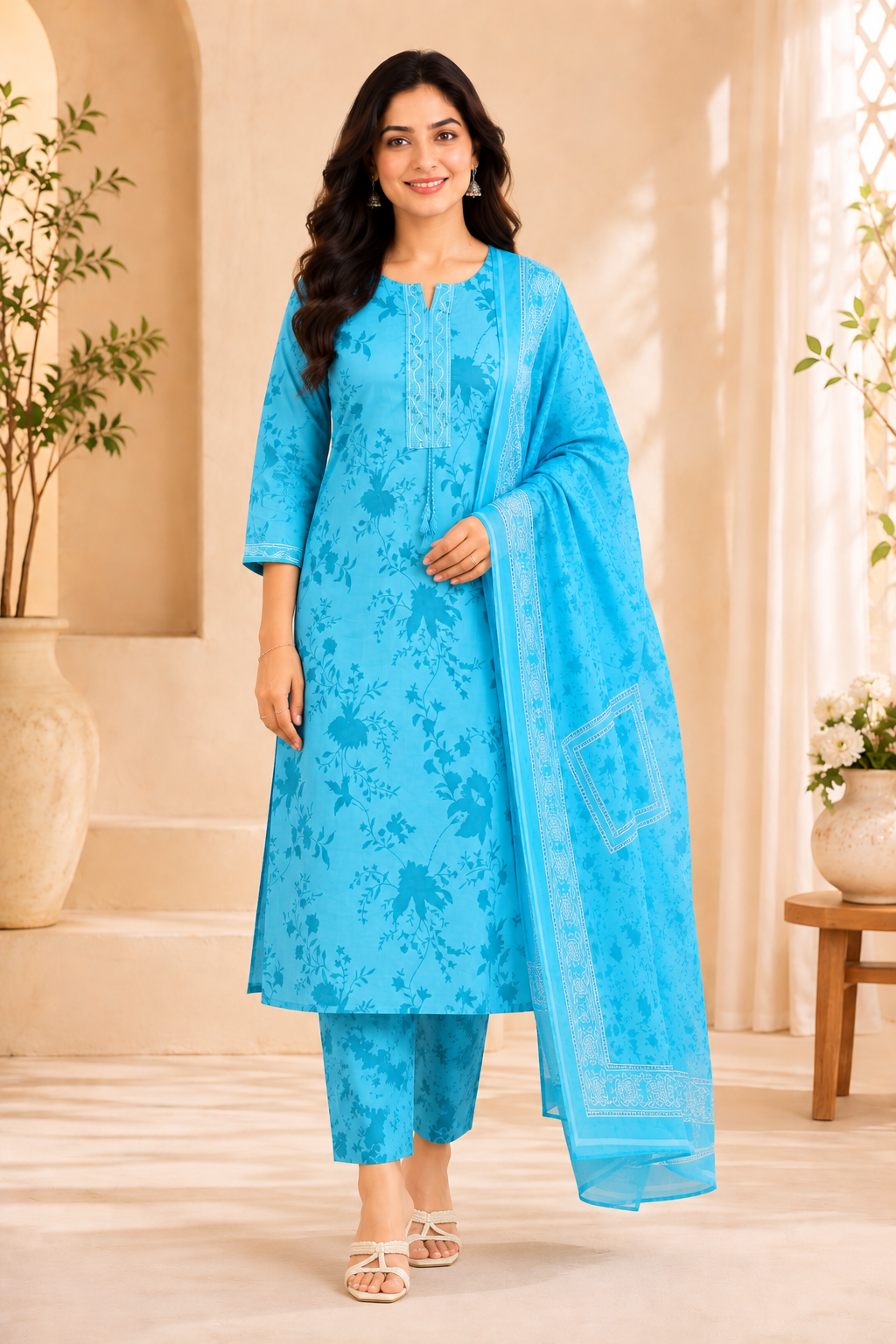 Sky Blue Floral Print Straight Kurta Set with Printed Dupatta