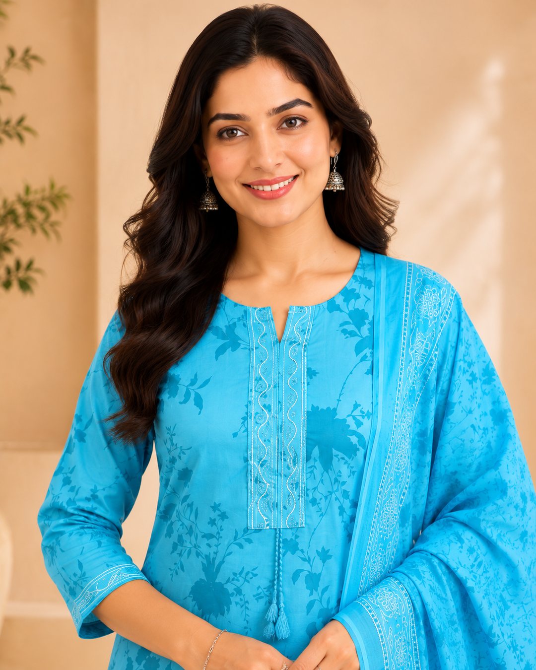 Sky Blue Floral Print Straight Kurta Set with Printed Dupatta