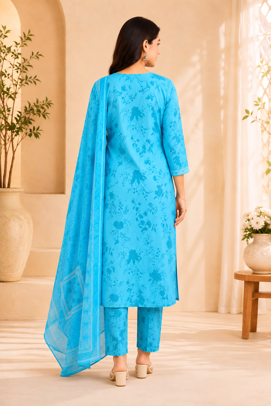 Sky Blue Floral Print Straight Kurta Set with Printed Dupatta