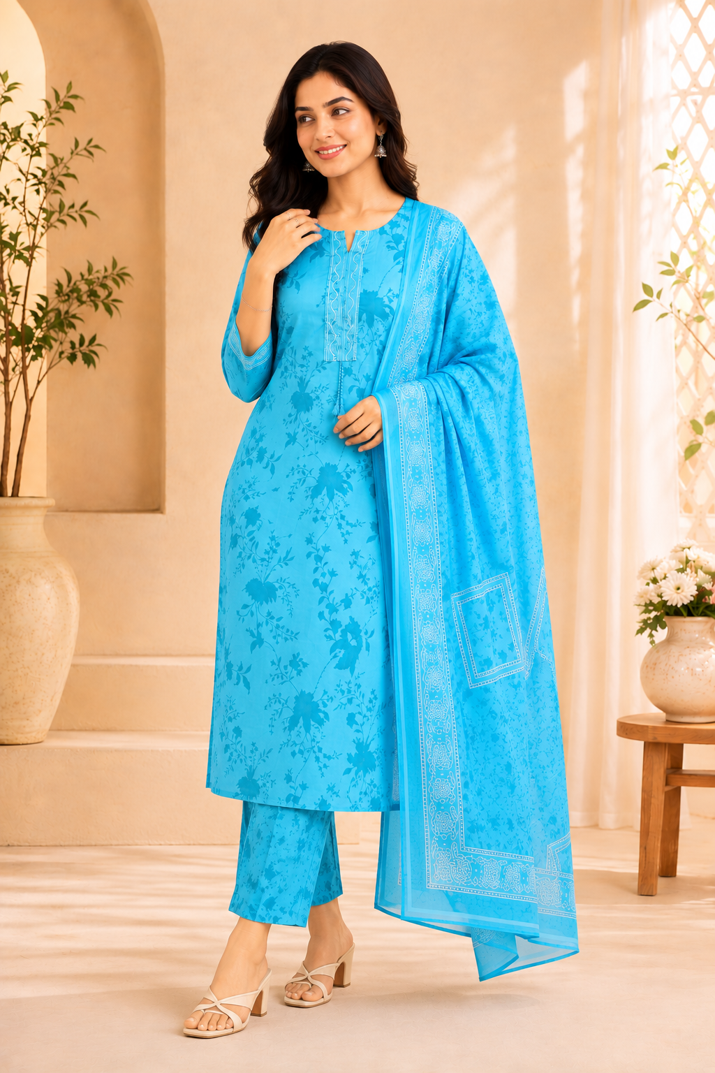 Sky Blue Floral Print Straight Kurta Set with Printed Dupatta