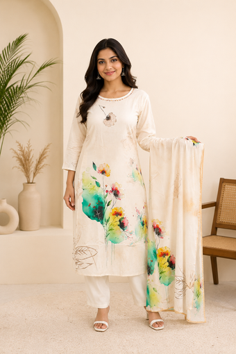 Off White Floral Digital Print Straight Kurta Set with Dupatta