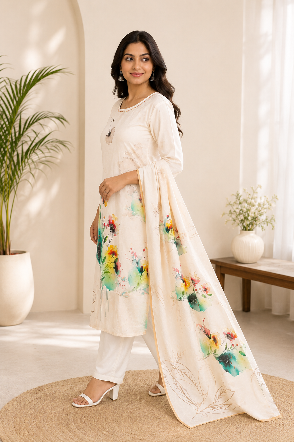 Off White Floral Digital Print Straight Kurta Set with Dupatta
