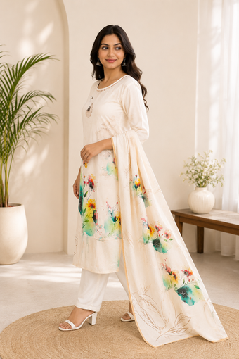 Off White Floral Digital Print Straight Kurta Set with Dupatta