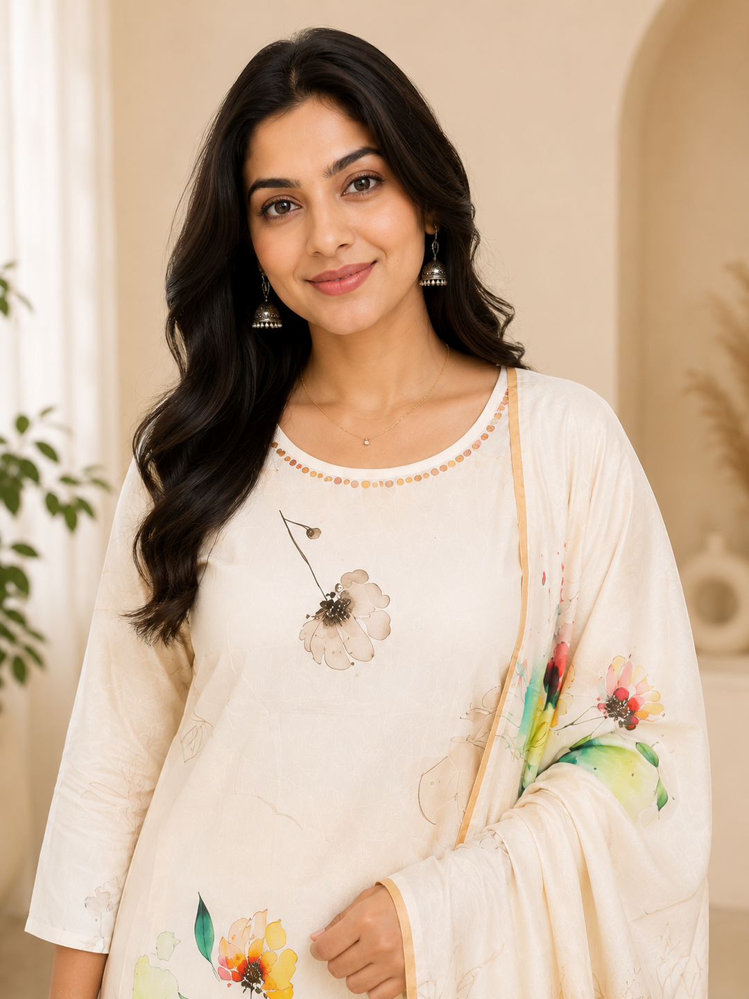 Off White Floral Digital Print Straight Kurta Set with Dupatta