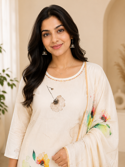 Off White Floral Digital Print Straight Kurta Set with Dupatta