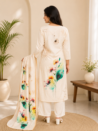 Off White Floral Digital Print Straight Kurta Set with Dupatta