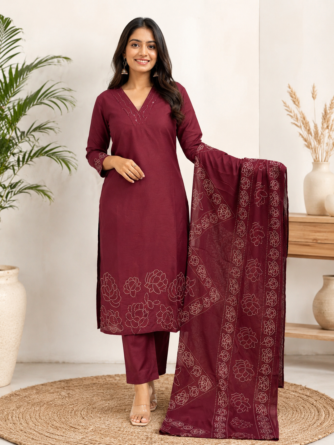 Wine Embroidered Straight Kurta Set with Printed Dupatta
