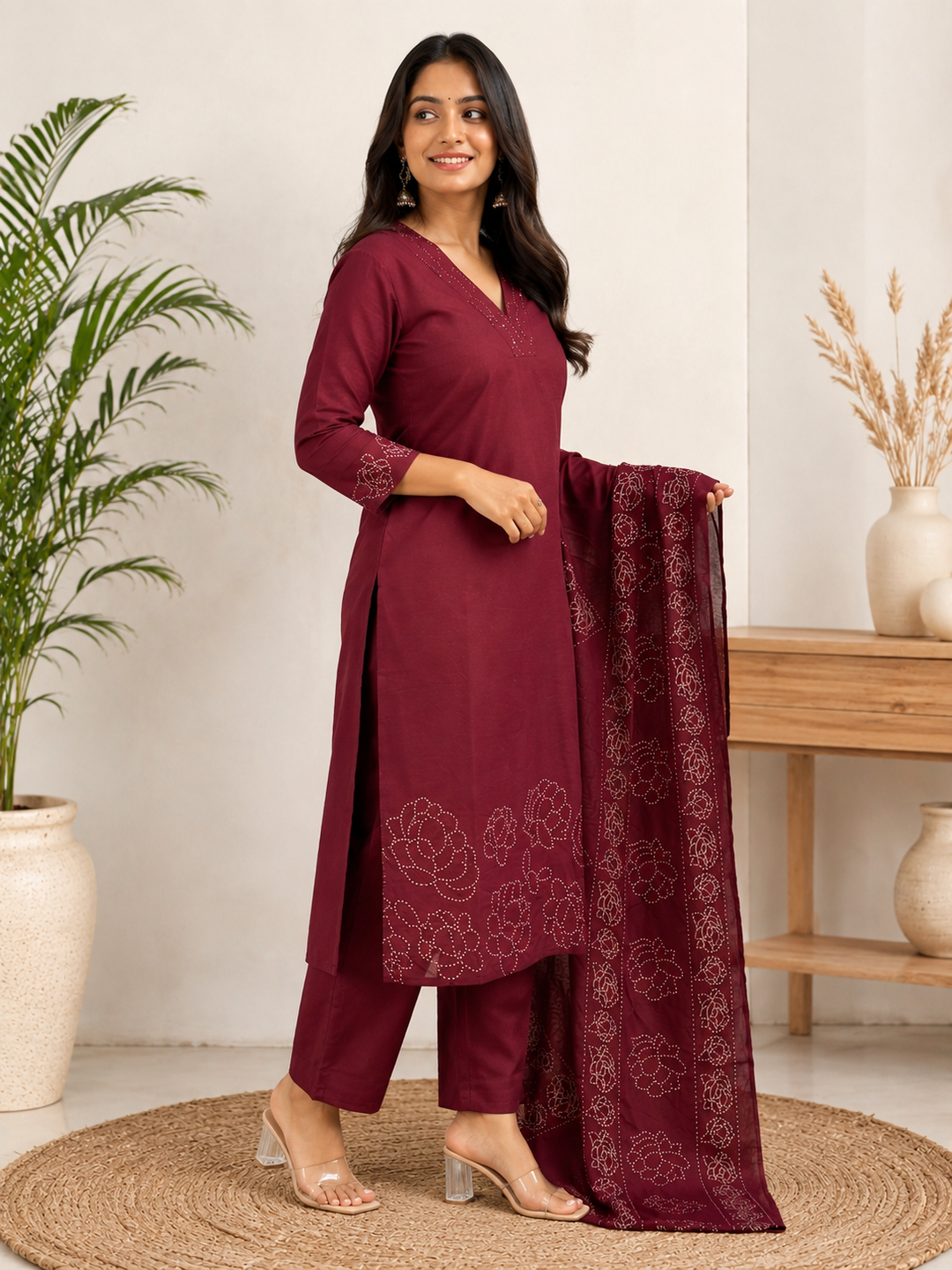 Wine Embroidered Straight Kurta Set with Printed Dupatta