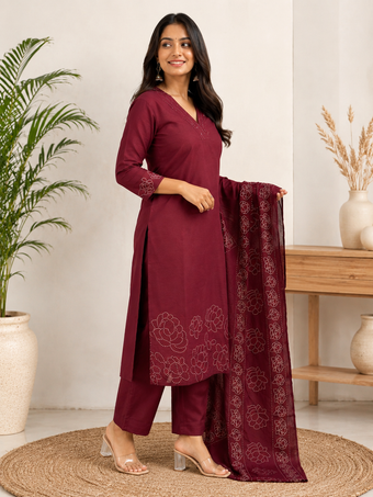 Wine Embroidered Straight Kurta Set with Printed Dupatta