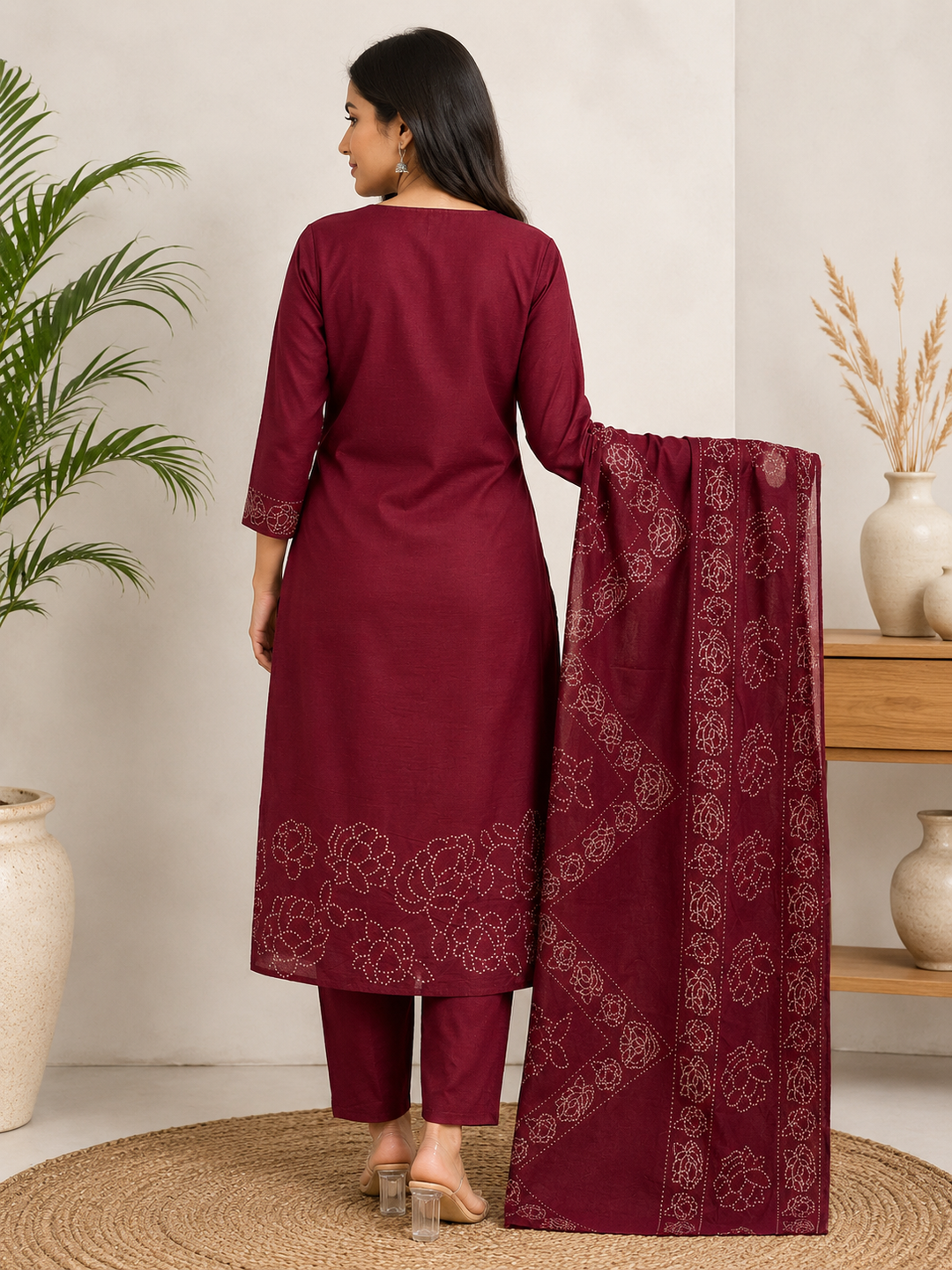 Wine Embroidered Straight Kurta Set with Printed Dupatta