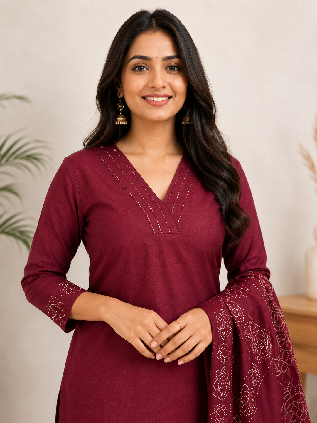 Wine Embroidered Straight Kurta Set with Printed Dupatta