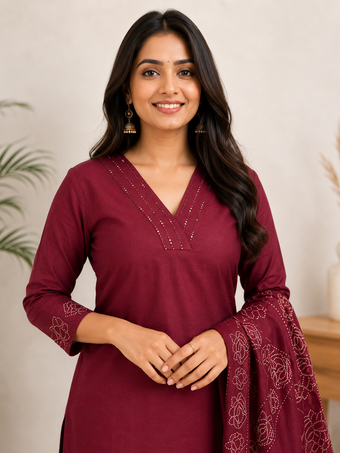 Wine Embroidered Straight Kurta Set with Printed Dupatta