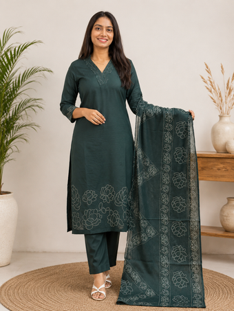 Green Straight Kurta Set with Printed Dupatta