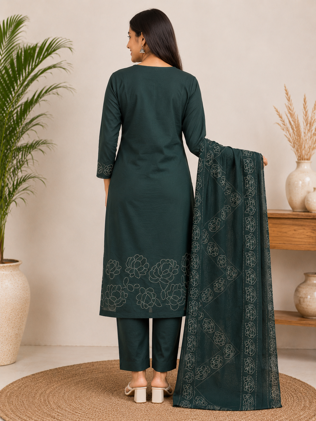 Green Straight Kurta Set with Printed Dupatta