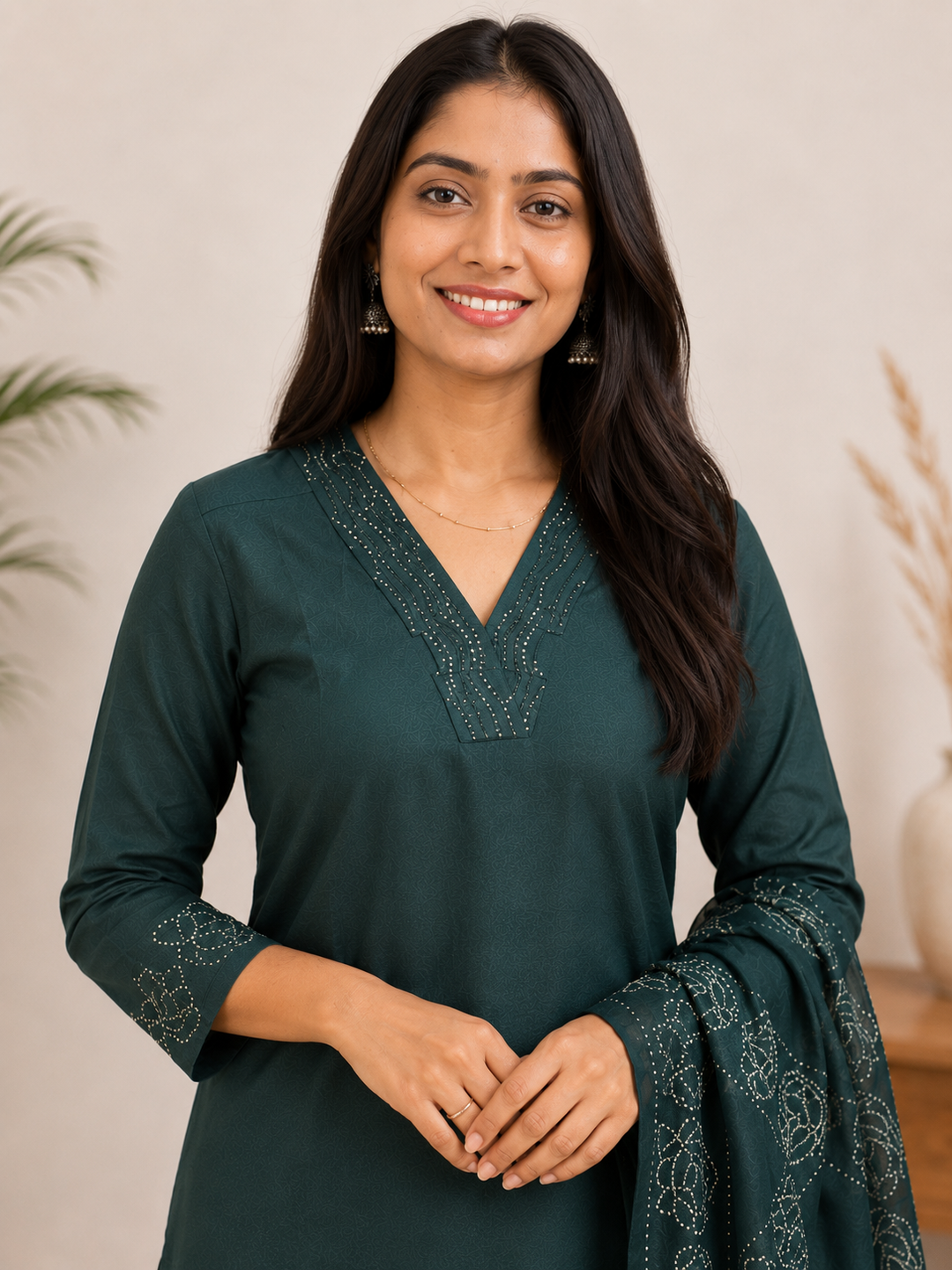 Green Straight Kurta Set with Printed Dupatta