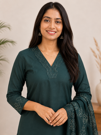 Green Straight Kurta Set with Printed Dupatta