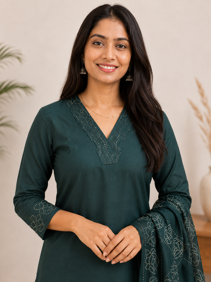 Green Straight Kurta Set with Printed Dupatta