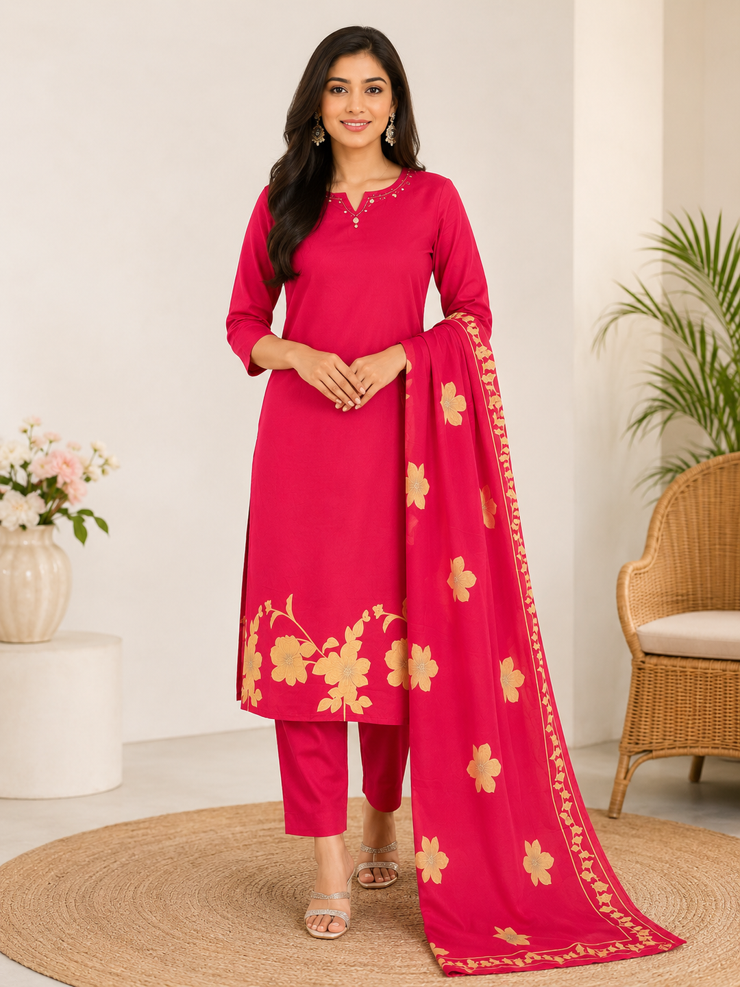 Red Floral Print Straight Kurta Set with Dupatta