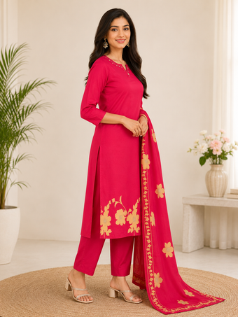 Red Floral Print Straight Kurta Set with Dupatta