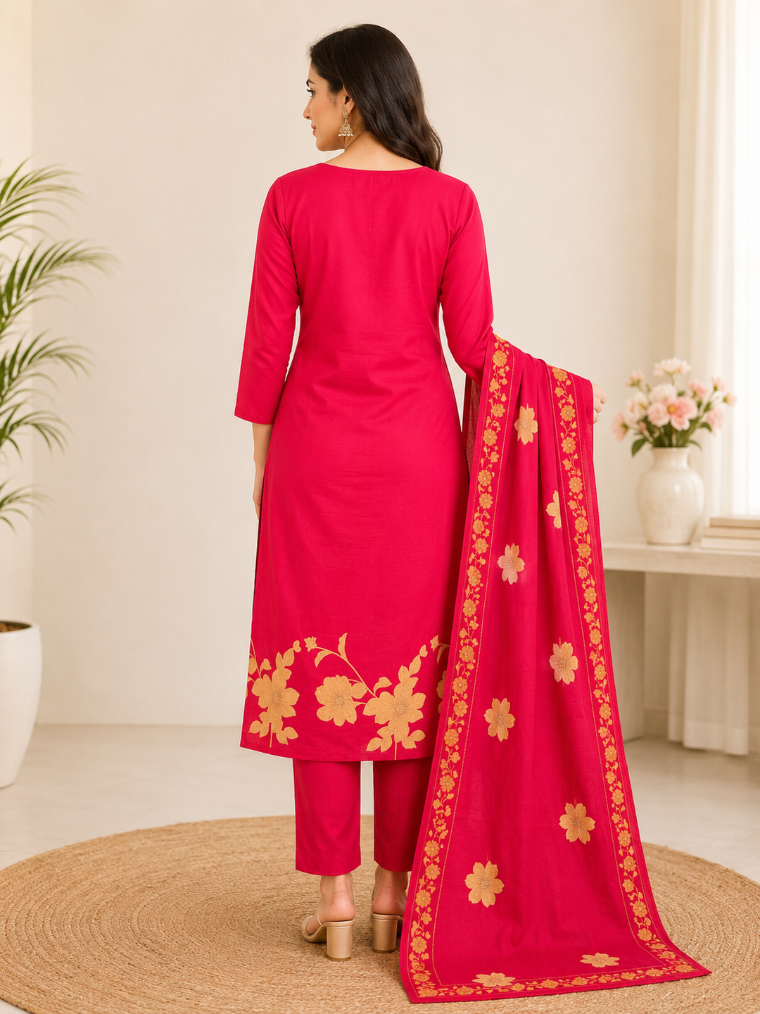 Red Floral Print Straight Kurta Set with Dupatta