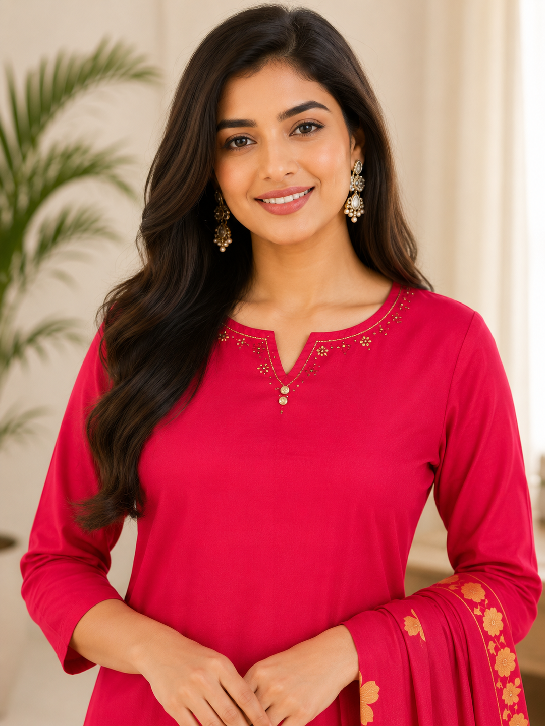 Red Floral Print Straight Kurta Set with Dupatta