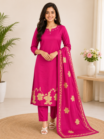 Rani Pink Floral Print Straight Kurta Set with Dupatta