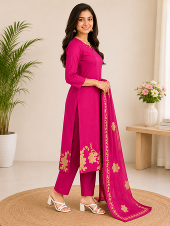 Rani Pink Floral Print Straight Kurta Set with Dupatta