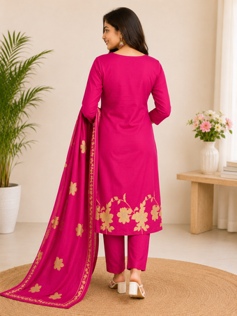 Rani Pink Floral Print Straight Kurta Set with Dupatta