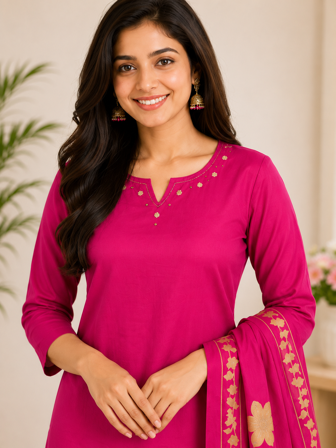Rani Pink Floral Print Straight Kurta Set with Dupatta