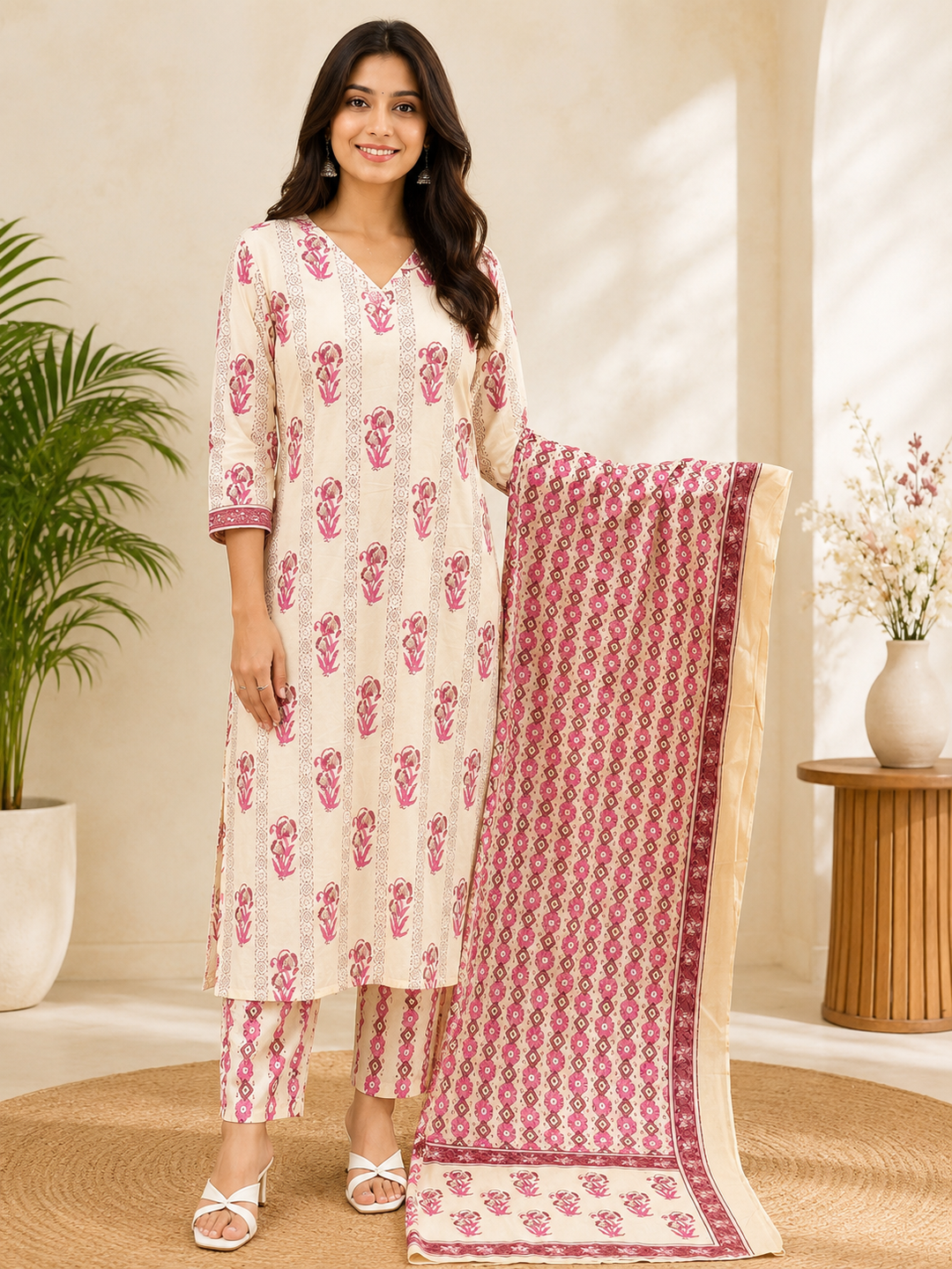Cream & Pink Floral Printed Straight Kurta Set with Dupatta
